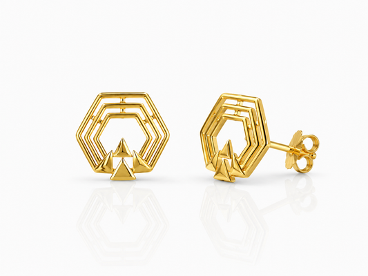 9K Gold Geometric Hexagon Stud Earrings