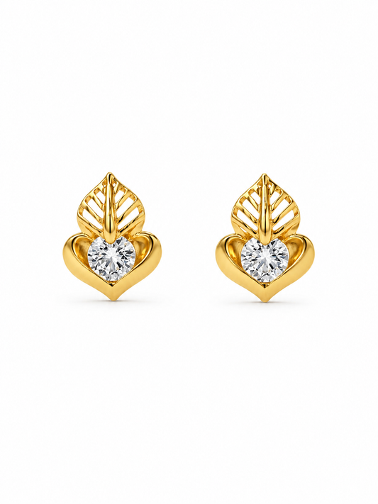 9K Gold Heart Leaf CZ Stud Earrings