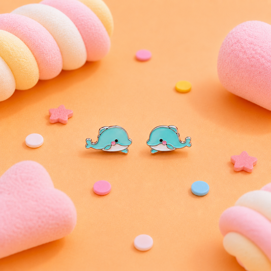 Silver Cute Dolphin Enamel Stud Earrings