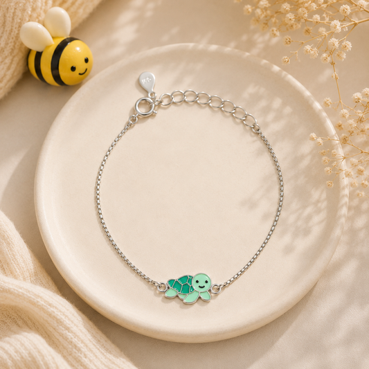 Silver Turtle Enamel Kids Bracelet