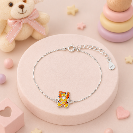 Silver Cute Tiger Enamel Kids Bracelet