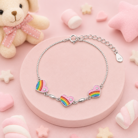 Silver Rainbow Heart Enamel Kids Bracelet