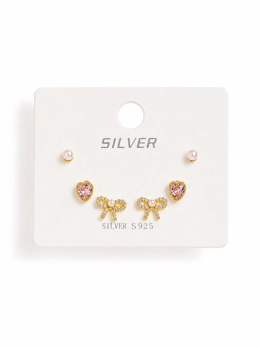 Silver Tiny Pink Heart & Bow Stud Set of 3