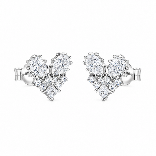 Silver Crystal Bloom Heart Studs