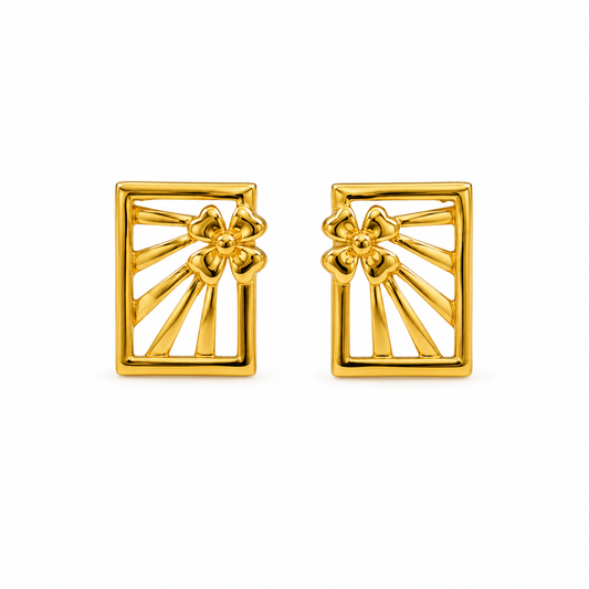 9K Gold Floral Sunburst Rectangle Stud Earrings