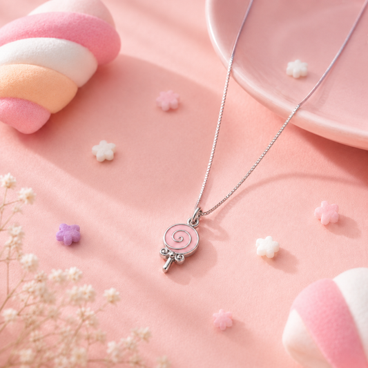 Silver Pink Lollipop Pendant Necklace