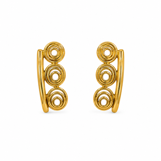 9K Gold Triple Spiral Statement Stud Earrings