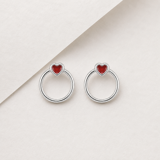 Red Heart Hoop Stud Earrings