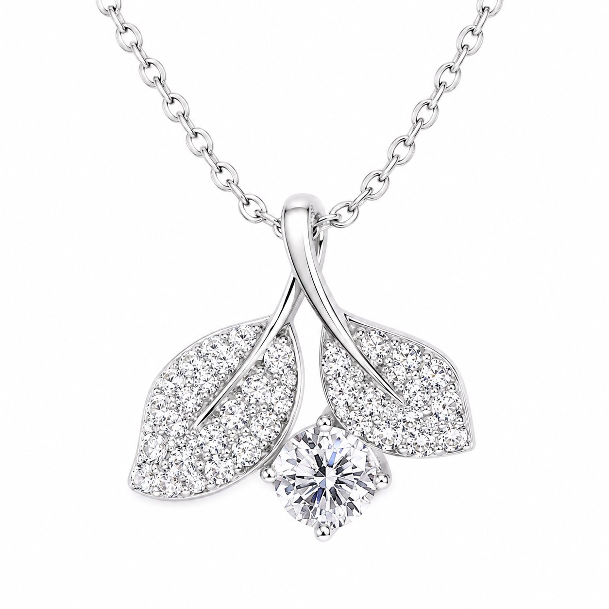 Silver Twin Leaf Sparkle Necklace