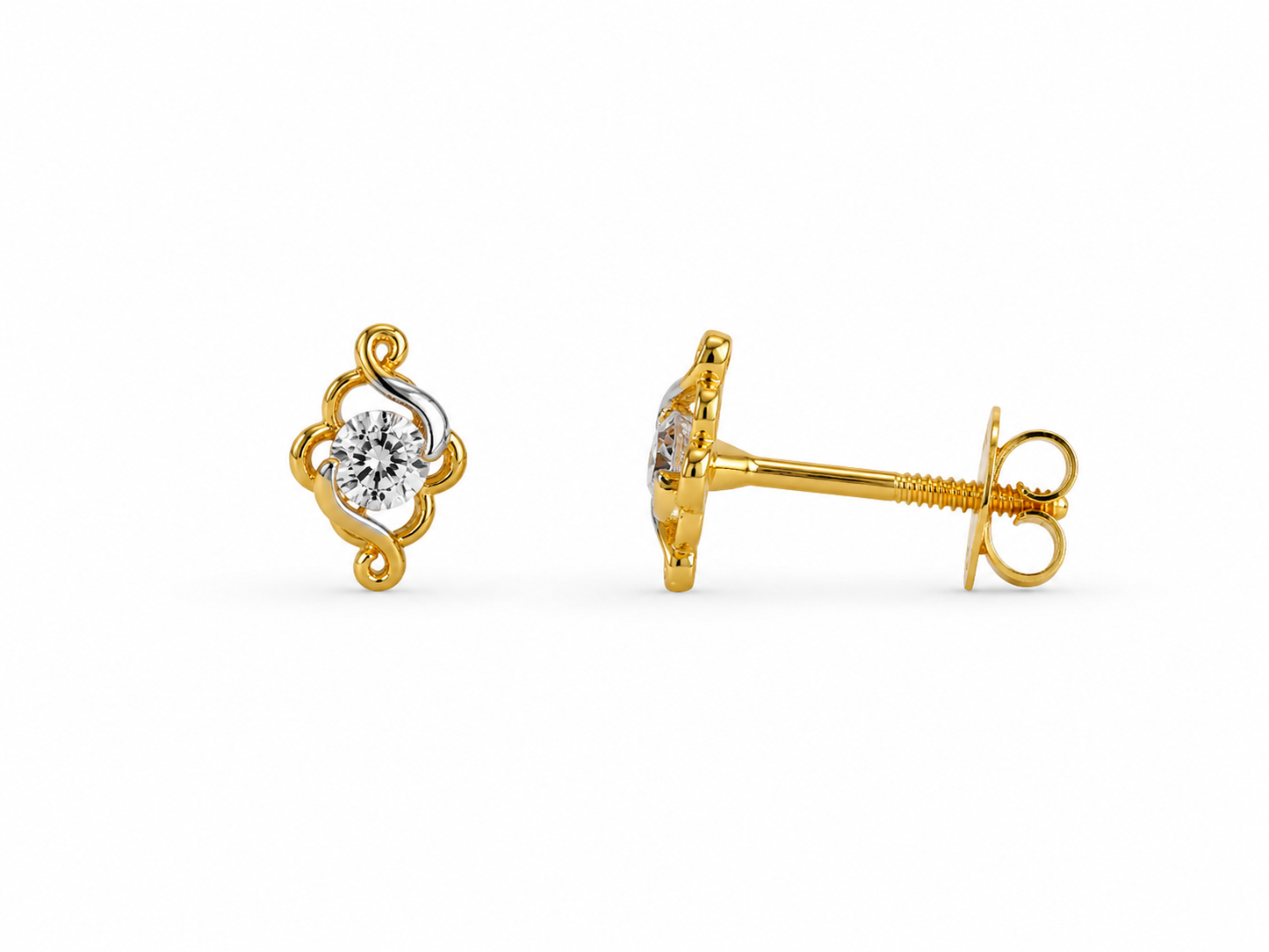 9K Gold CZ Floral Swirl Stud Earrings