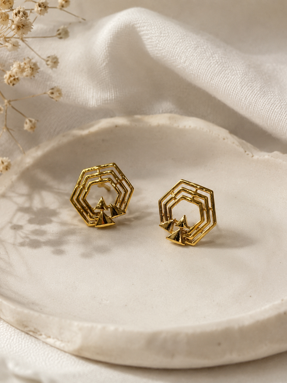 9K Gold Geometric Hexagon Stud Earrings