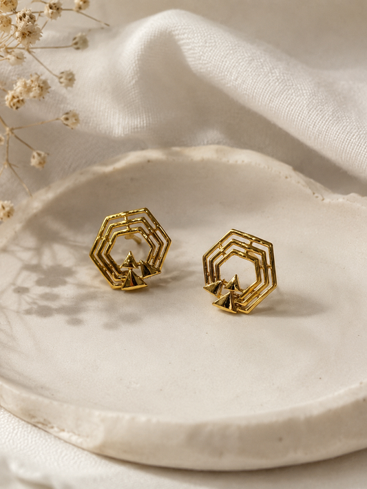9K Gold Geometric Hexagon Stud Earrings
