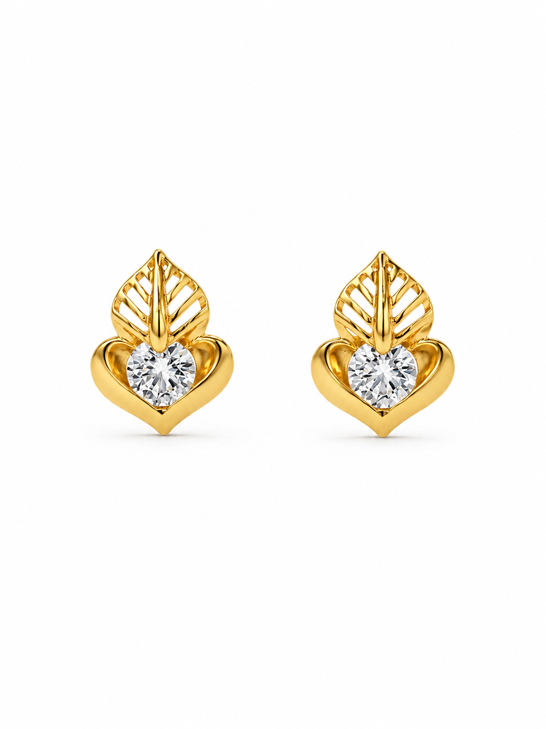 9K Gold Heart Leaf CZ Stud Earrings