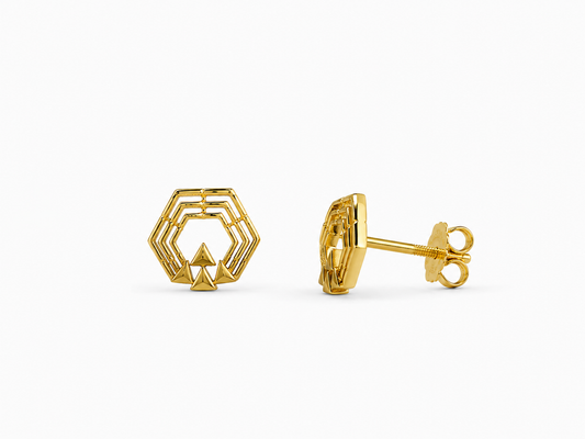 9K Gold Geometric Hexagon Stud Earrings