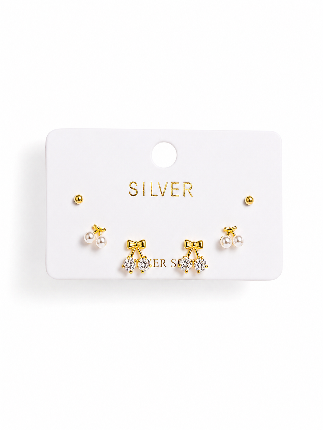 Silver Set of 3 Tiny Studs – Bow, Pearl & Classic Ball