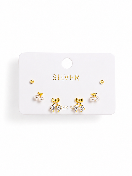 Silver Set of 3 Tiny Studs – Bow, Pearl & Classic Ball