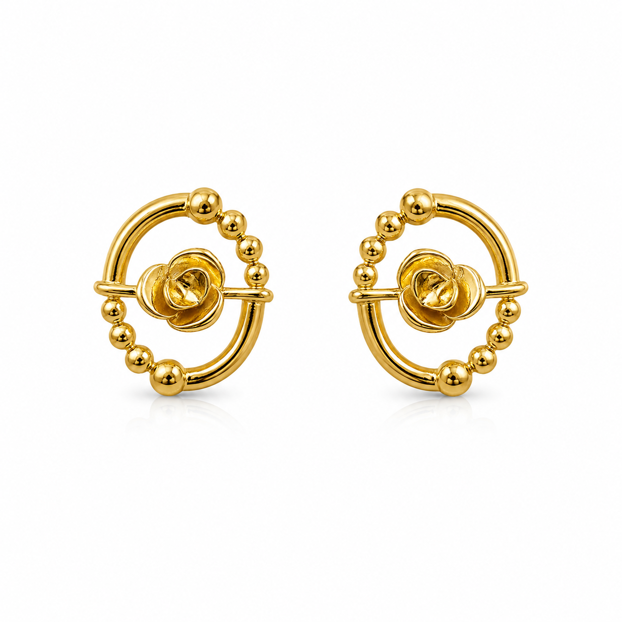 9K Gold Beaded Floral Circle Stud Earrings