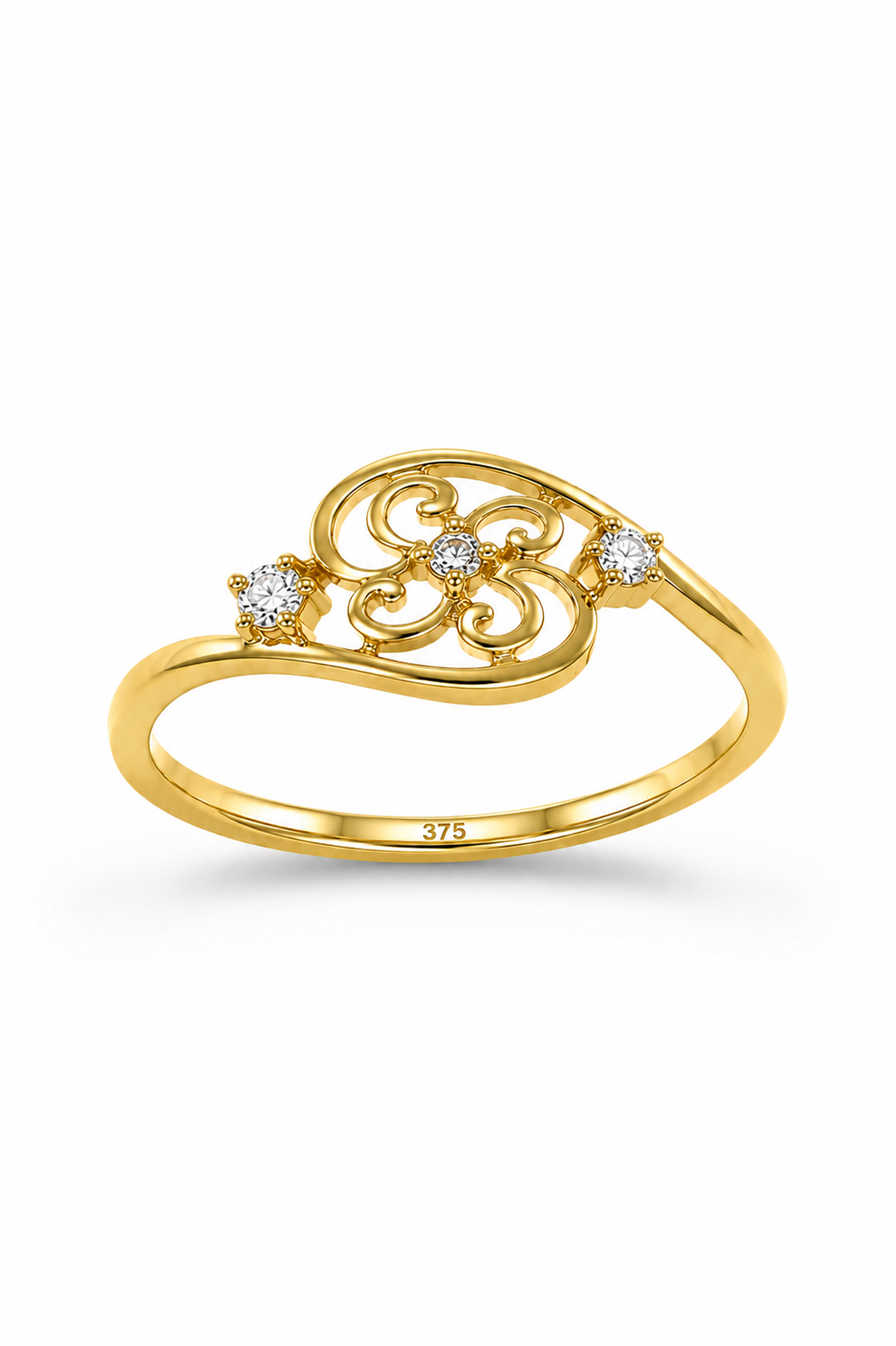 9K Gold Filigree Floral CZ Ring (Size -10)