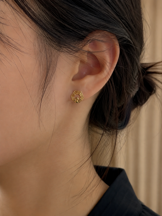 9K Gold Geometric Hexagon Stud Earrings