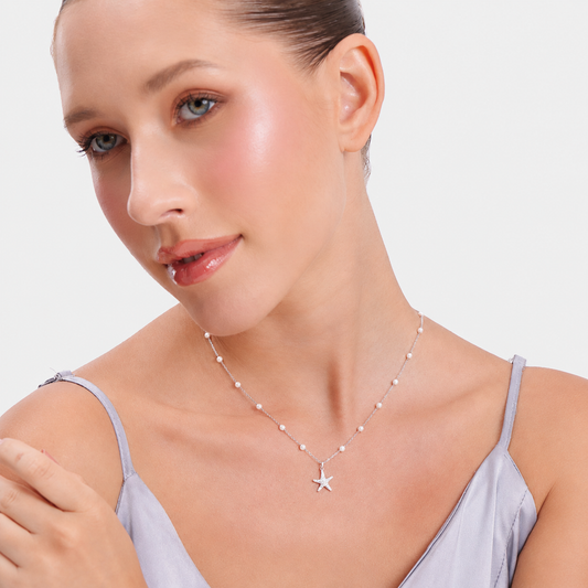 Silver Star Pearl Charm Necklace