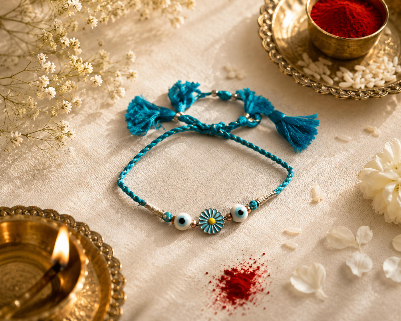 Blue Flower Evil Eye Rakhi