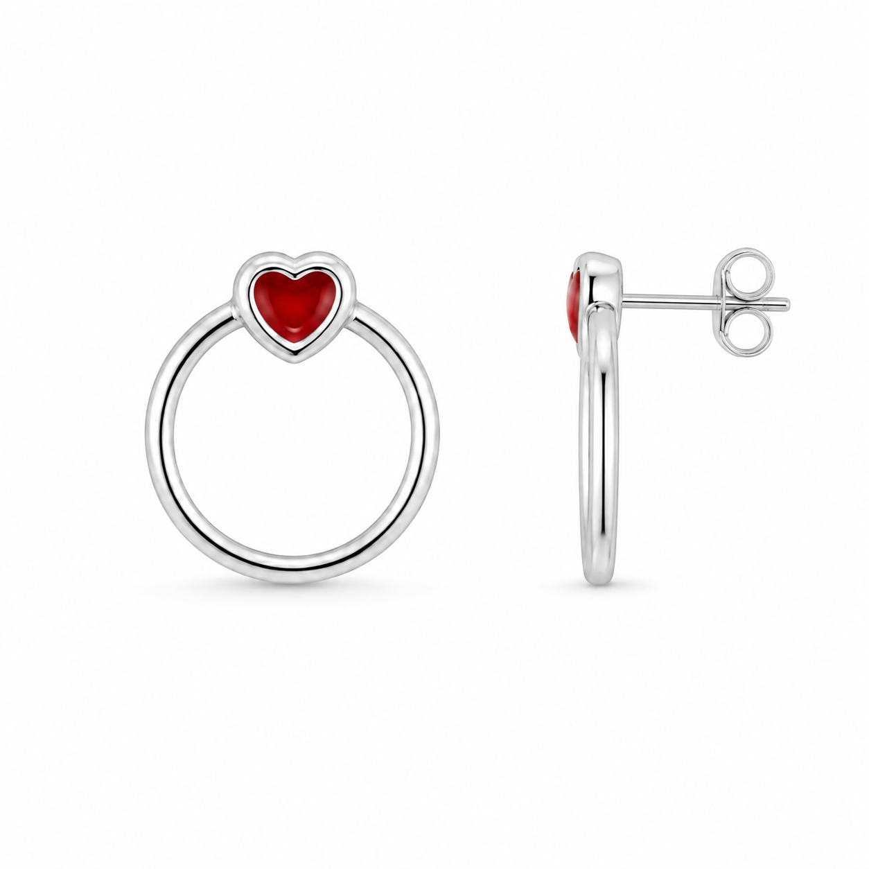Silver Red Heart Hoop Stud Earrings