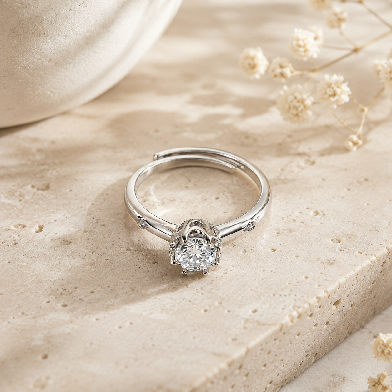 Silver Crown Solitaire  Adjustable Ring