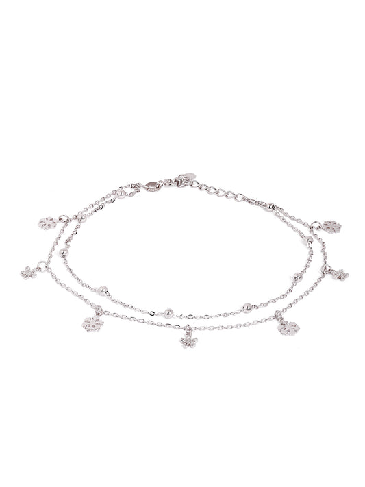 925 sterling silver double layered anklet for women with charms, adjustable chain, and elegant design"