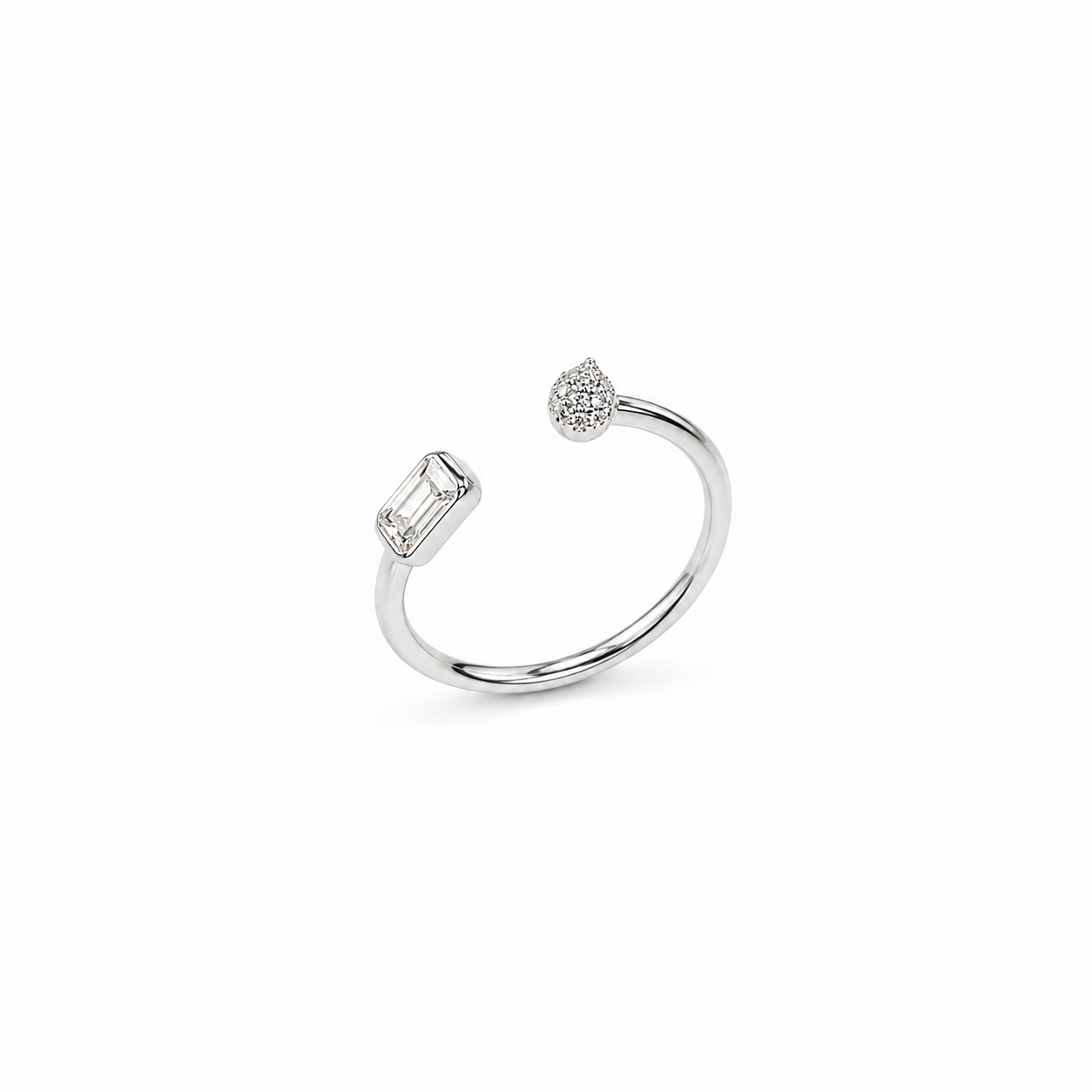 Silver Baguette & Teardrop Open Ring