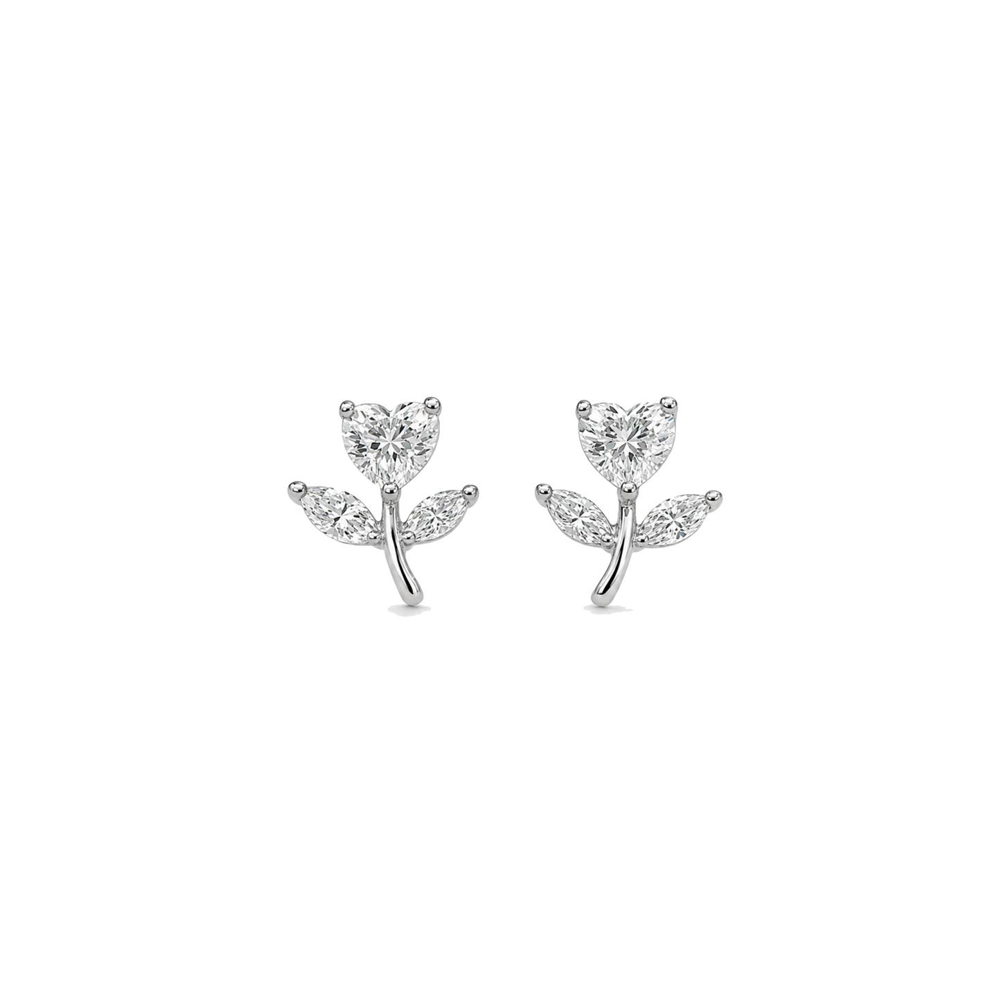 Silver Heart Flower Stud Earrings