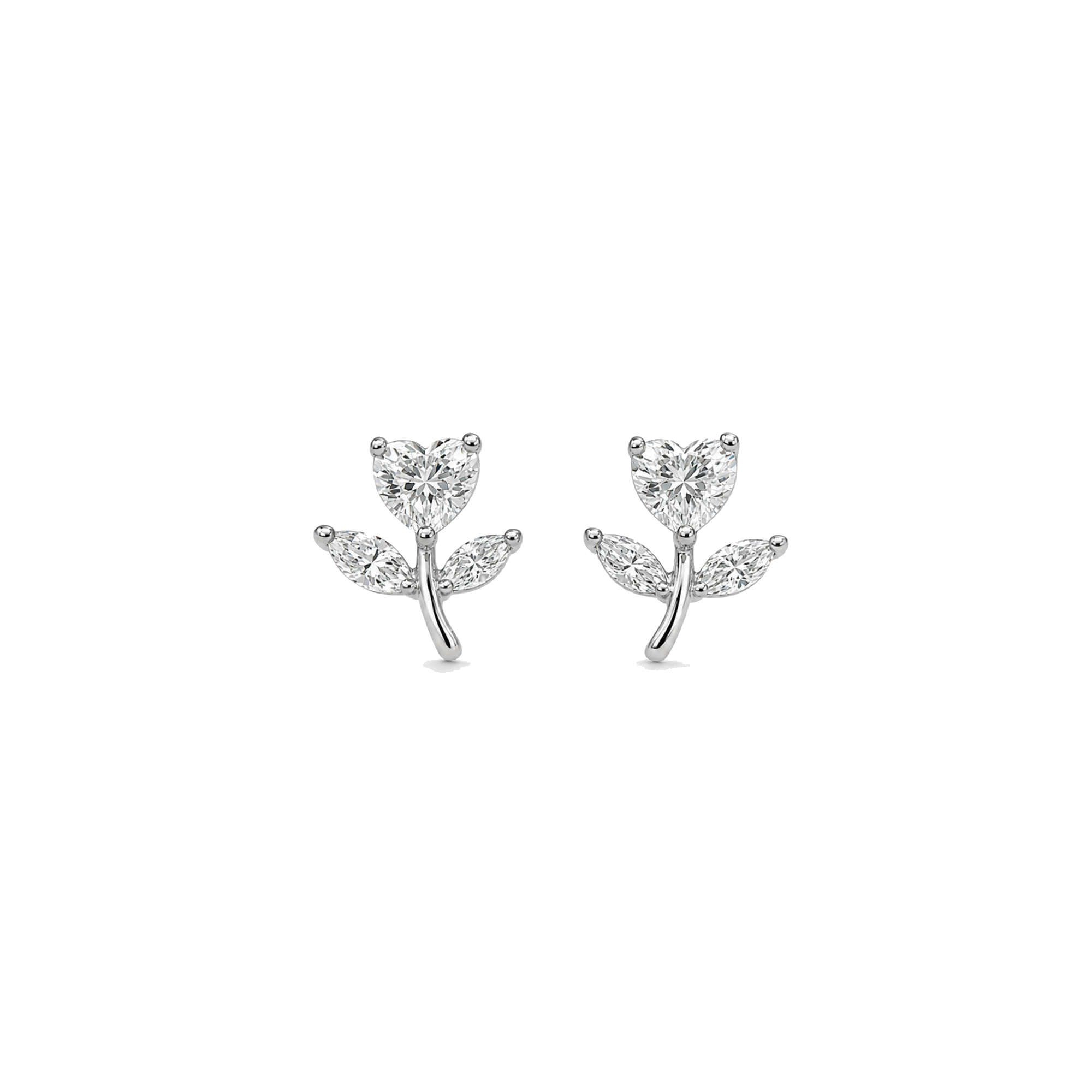 Silver Heart Flower Stud Earrings