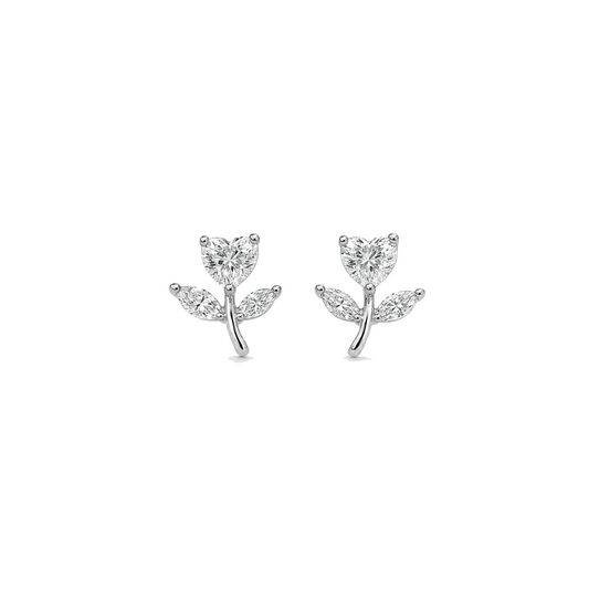 Silver Heart Flower Stud Earrings