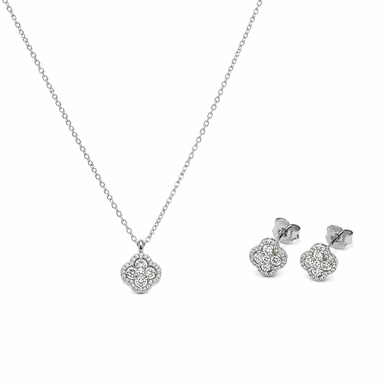 Silver Sparkling Floral Pendant  Set