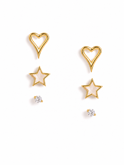 Silver Gold Finish Heart & Star Stud Trio