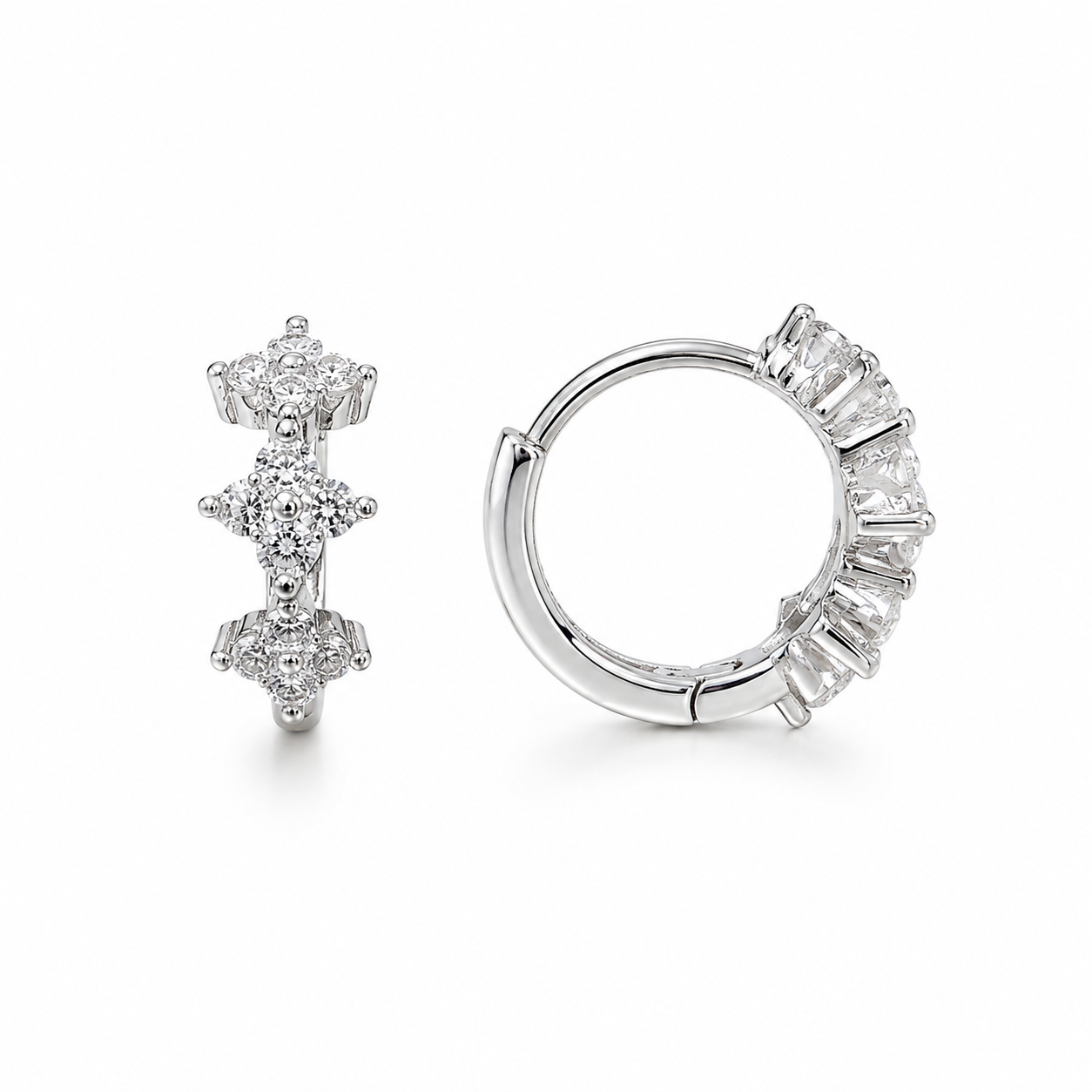 Silver Crystal Flower Hoop Earrings