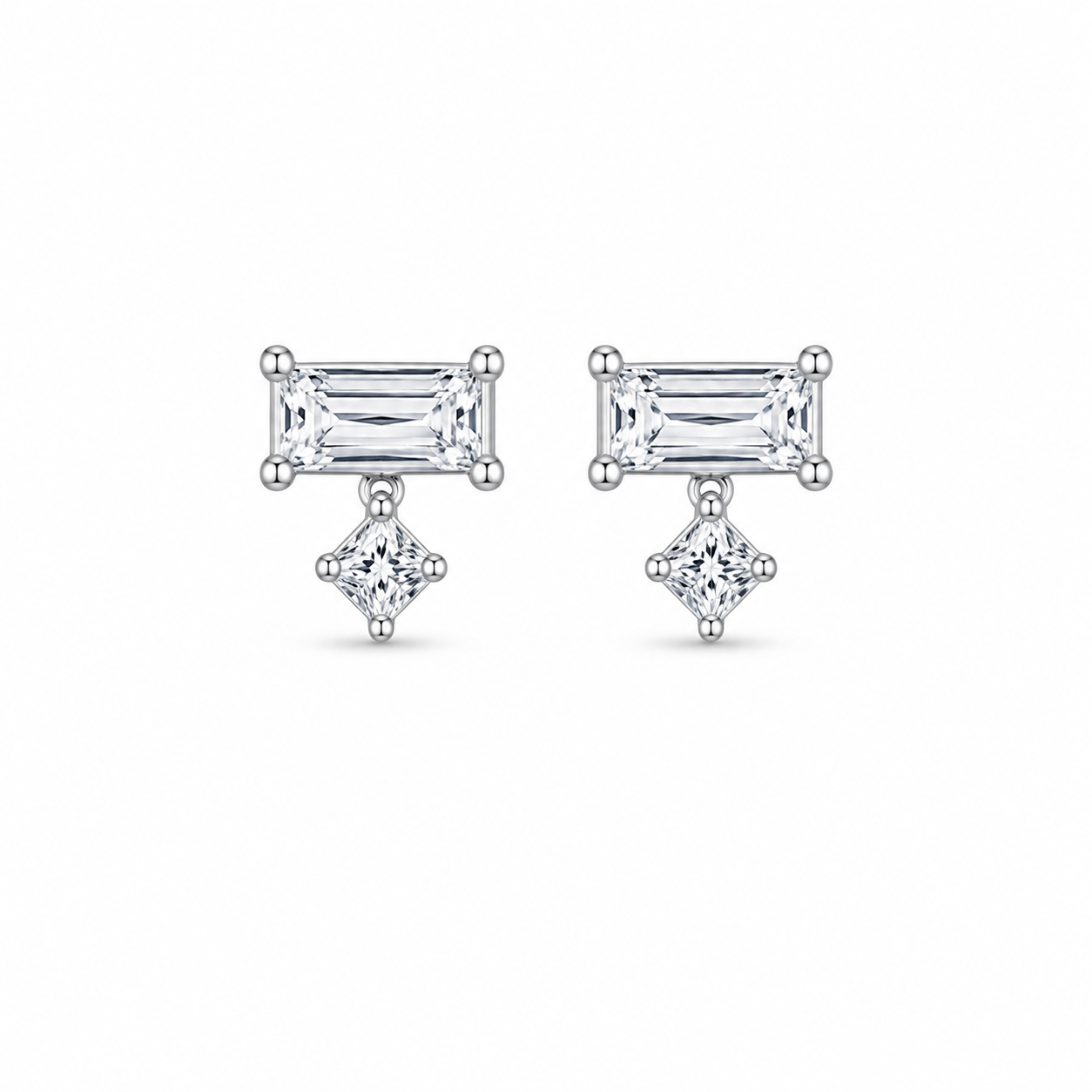 Silver Baguette Drop Stud Earrings