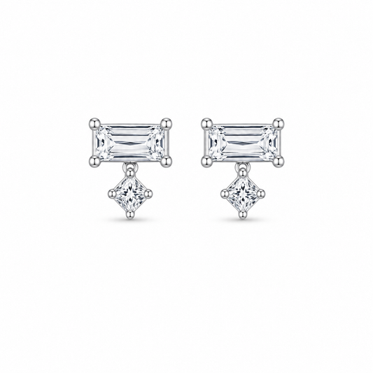 Silver Baguette Drop Stud Earrings