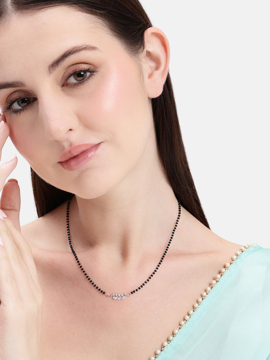 925 Sterling Silver CZ Leaf Black Bead Mangalsutra