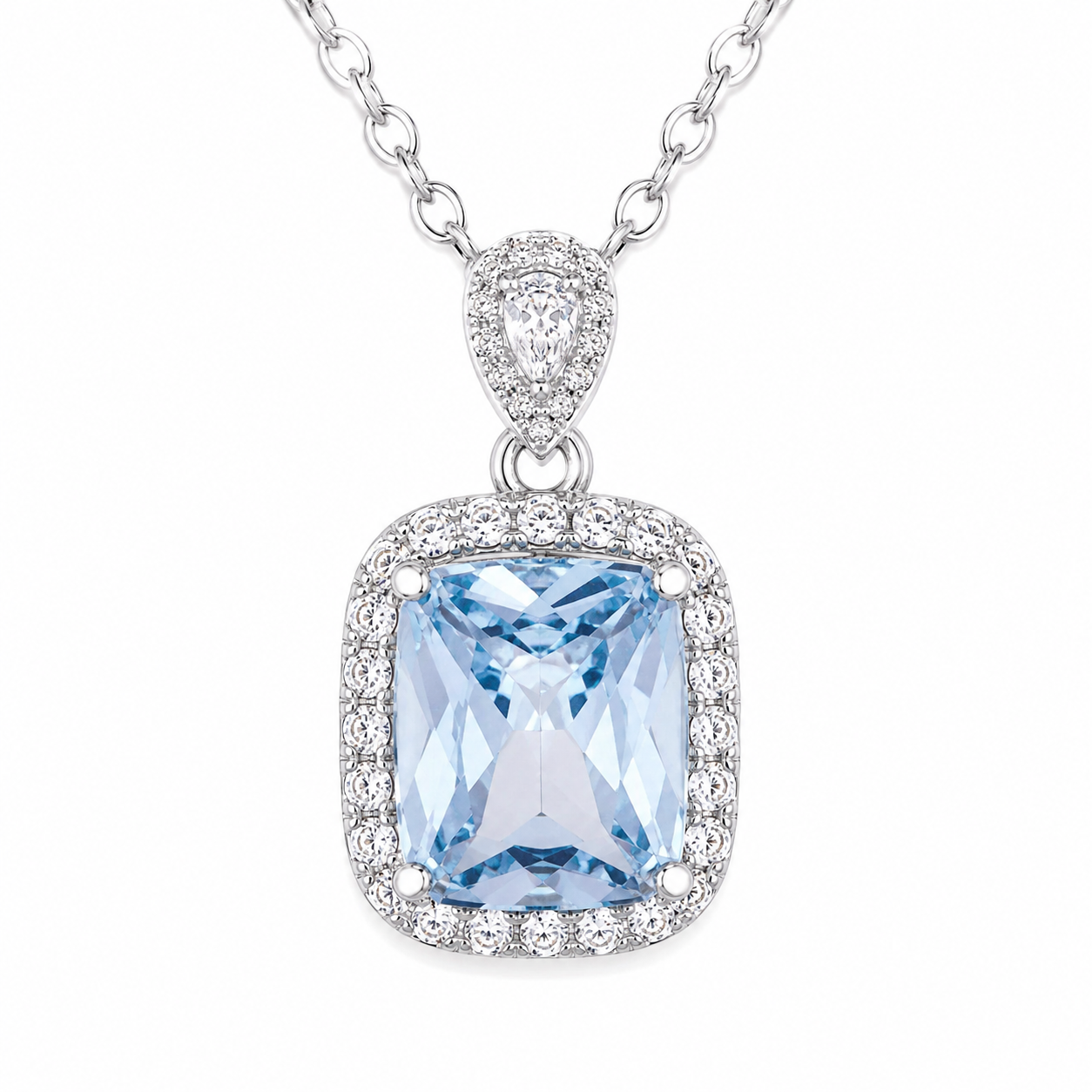 Silver Elegant Blue Stone Halo Necklace