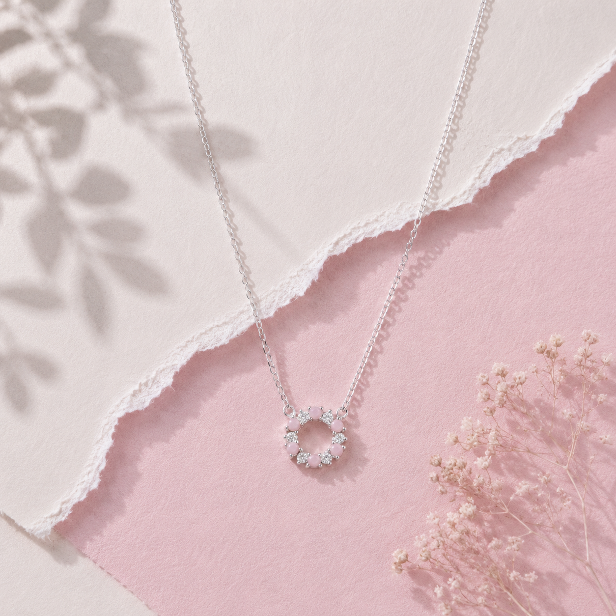 Silver Pink Petal Circle Necklace