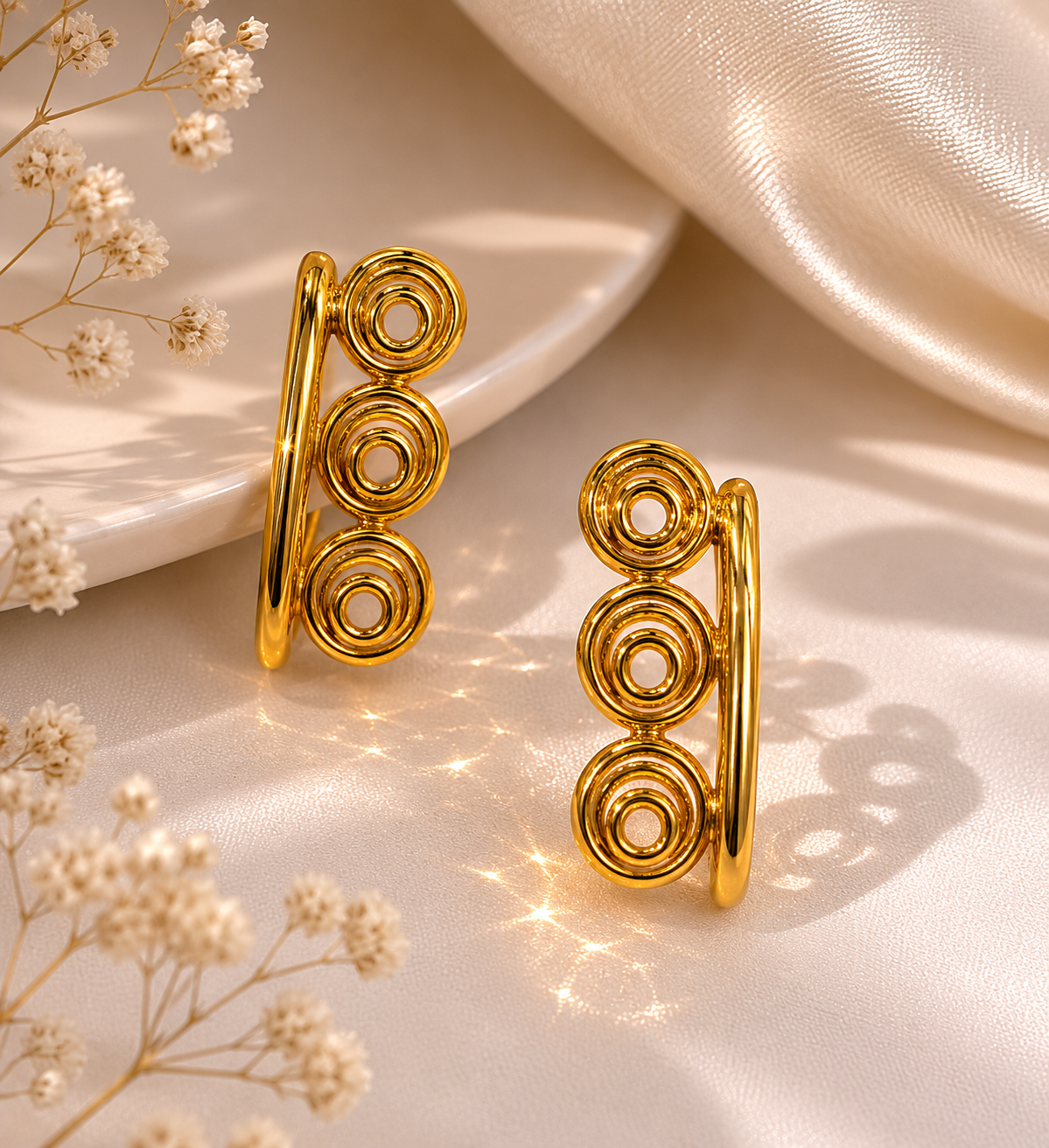 9K Gold Triple Spiral Statement Stud Earrings