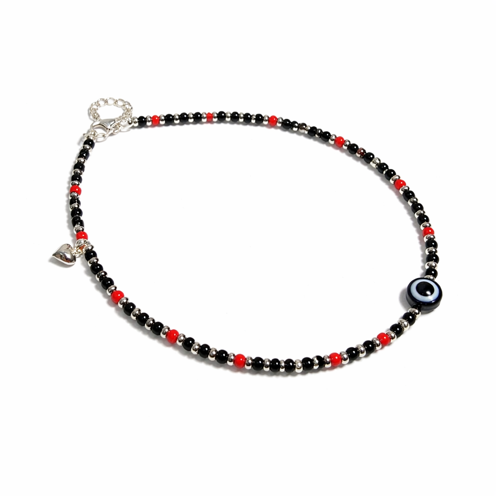 Red & Black Beaded Evil Eye Anklet