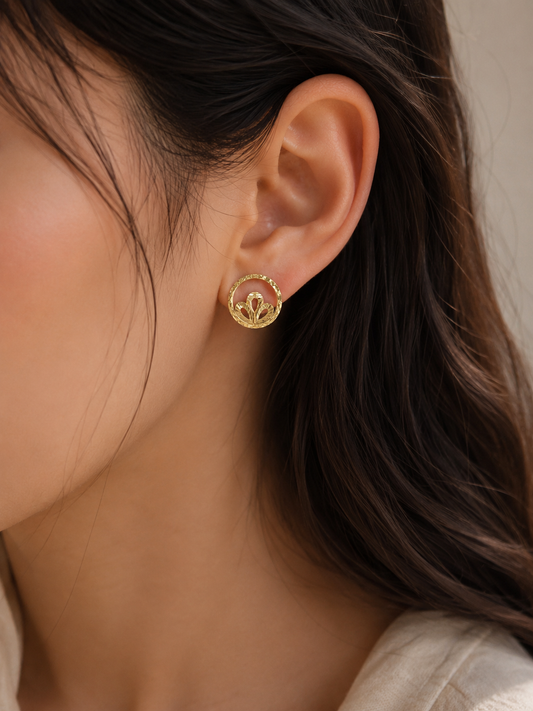 9K Gold Floral Circle Stud Earrings