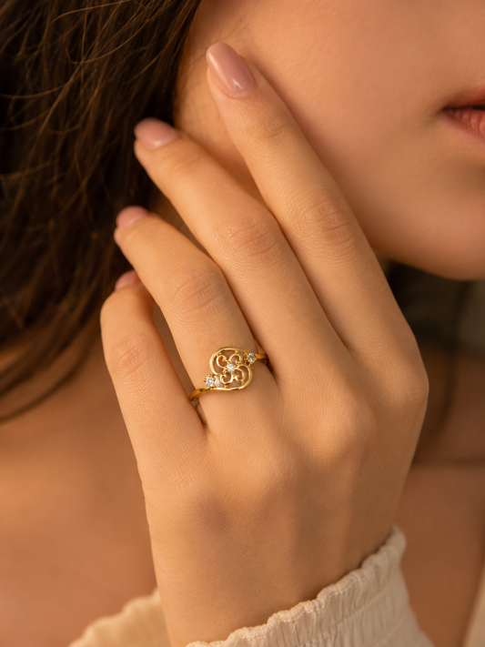9K Gold Filigree Floral CZ Ring (Size -10)