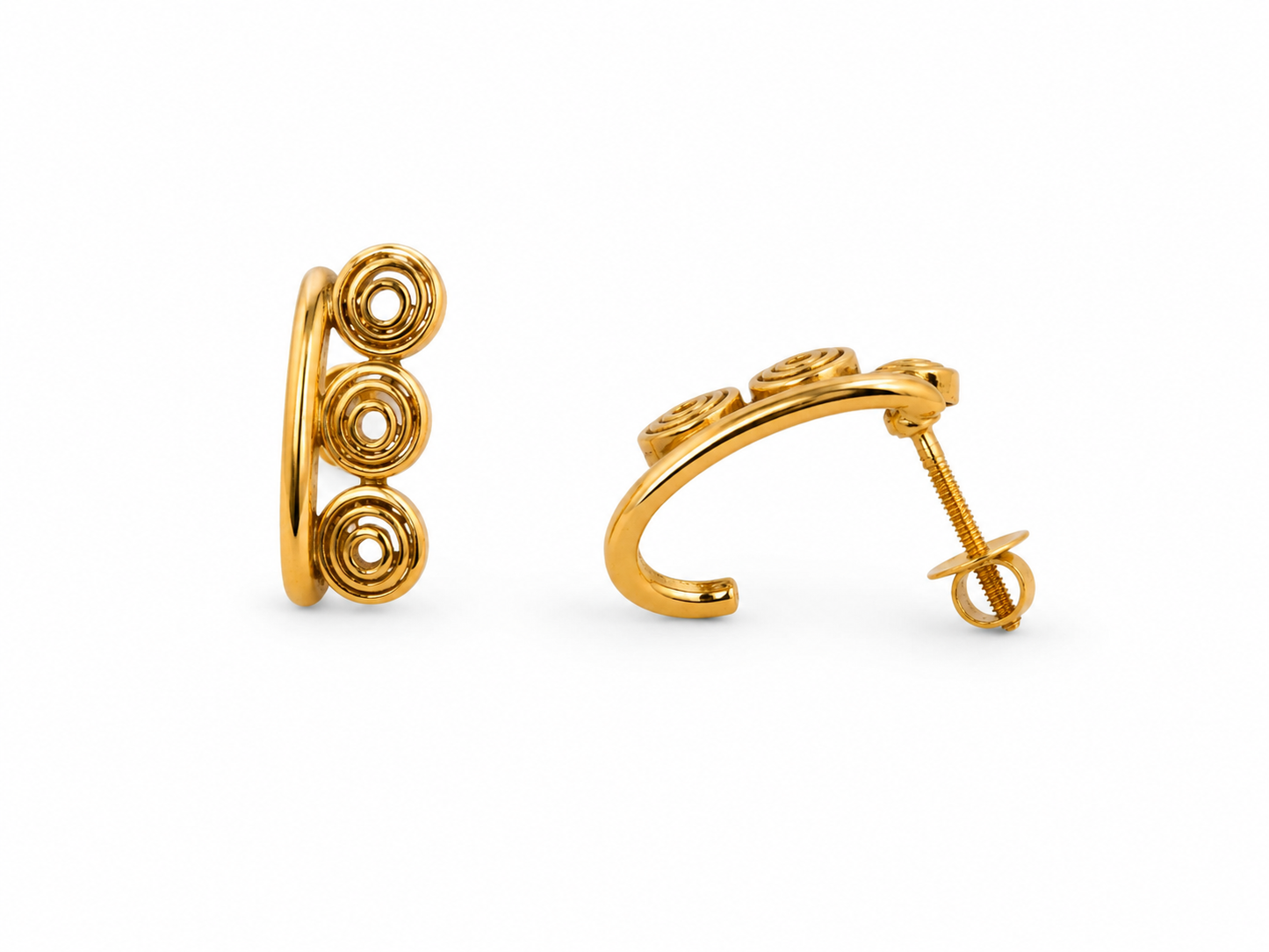 9K Gold Triple Spiral Statement Stud Earrings