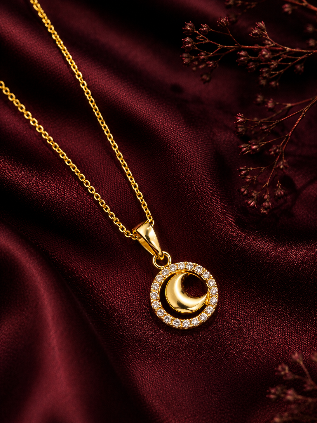 9K Gold Crescent Moon Crystal Halo Pendant