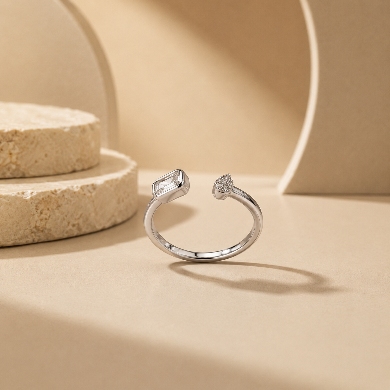 Silver Baguette & Teardrop Open Ring