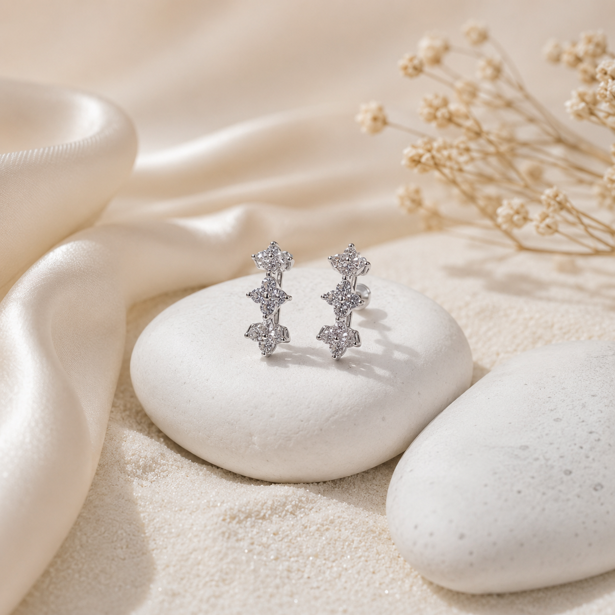 Silver Crystal Flower Hoop Earrings