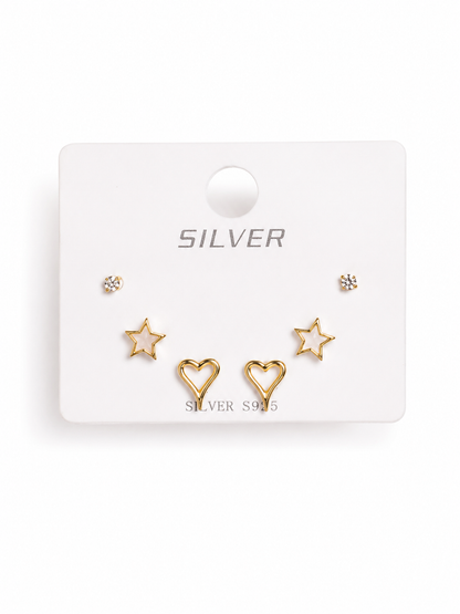 Silver Gold Finish Heart & Star Stud Trio