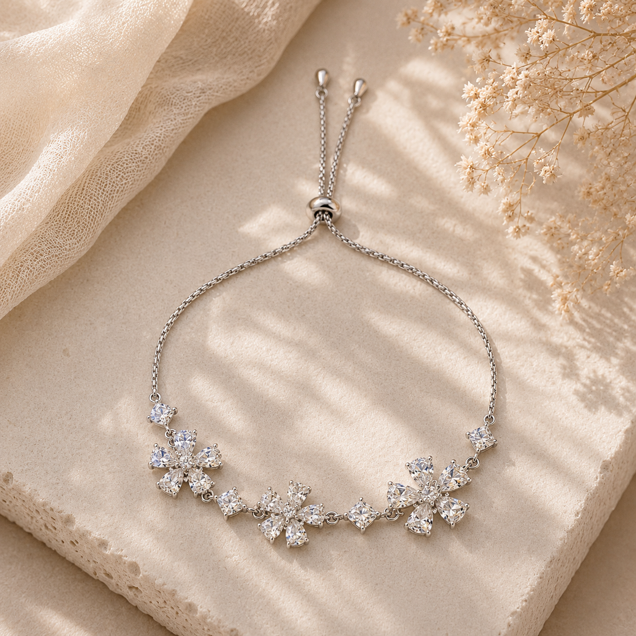 Silver Floral Adjustable Bracelet
